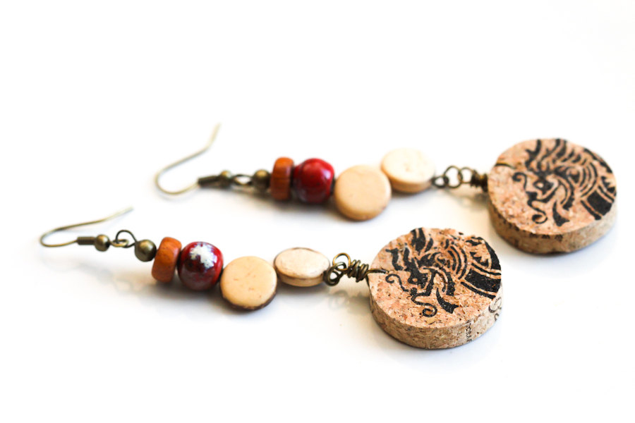 Recycled Cork Earrings, Chinese Dragon Earrings, Rustic Jewelry, Cork